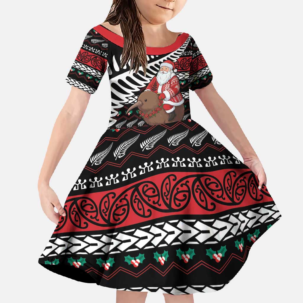 New Zealand Kiwi Santa Christmas Family Matching Off Shoulder Maxi Dress and Hawaiian Shirt He Wairua Kirihimete LT9 Daughter's Dress Black - Polynesian Pride