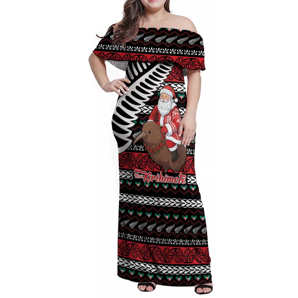 New Zealand Kiwi Santa Christmas Family Matching Off Shoulder Maxi Dress and Hawaiian Shirt He Wairua Kirihimete LT9 Mom's Dress Black - Polynesian Pride