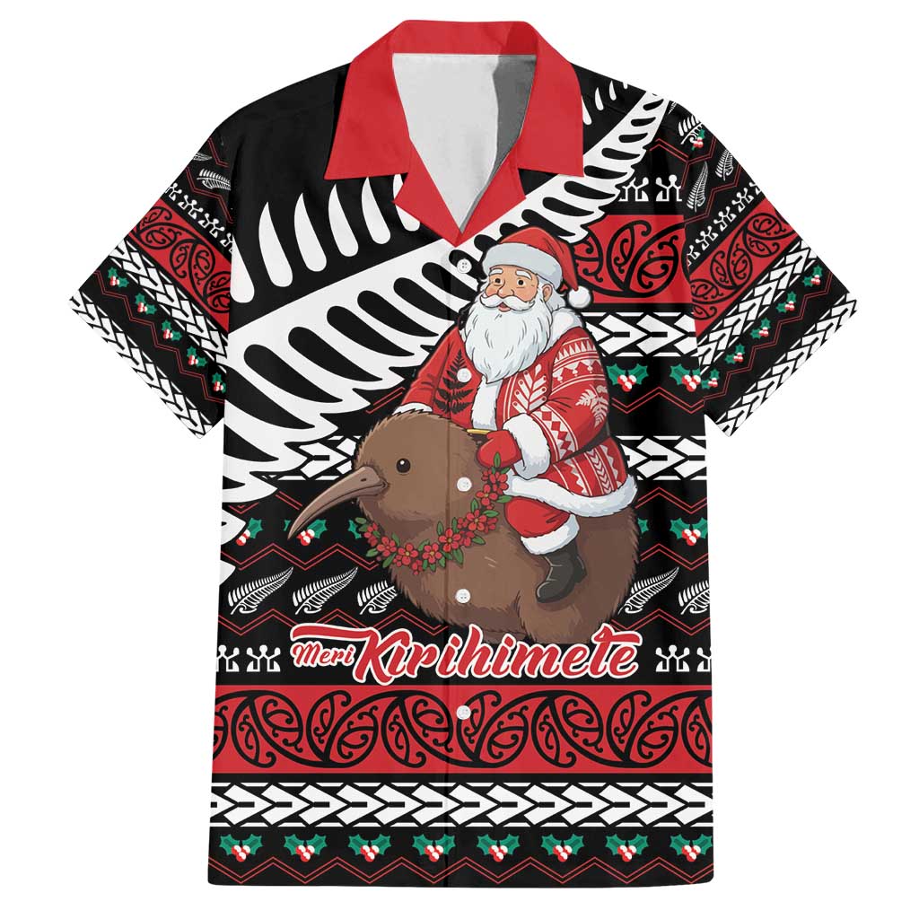 New Zealand Kiwi Santa Christmas Family Matching Off Shoulder Short Dress and Hawaiian Shirt He Wairua Kirihimete LT9 Dad's Shirt - Short Sleeve Black - Polynesian Pride