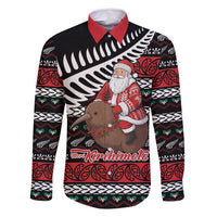 New Zealand Kiwi Santa Christmas Family Matching Off Shoulder Short Dress and Hawaiian Shirt He Wairua Kirihimete LT9 Dad's Shirt - Long Sleeve Black - Polynesian Pride