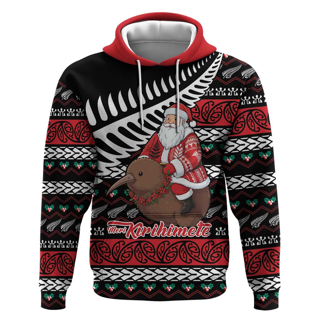 New Zealand Kiwi Santa Christmas Hoodie He Wairua Kirihimete LT9 Pullover Hoodie Black - Polynesian Pride
