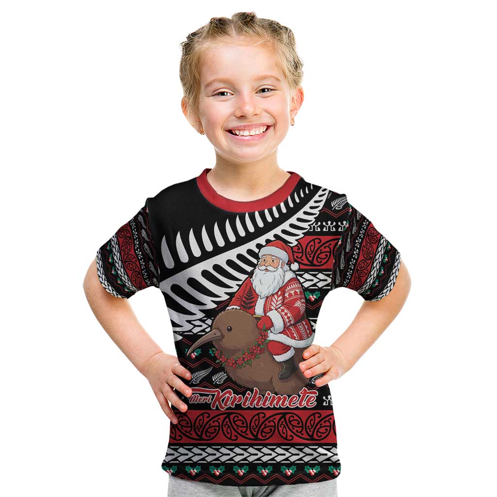 New Zealand Kiwi Santa Christmas Kid T Shirt He Wairua Kirihimete - Polynesian Pride
