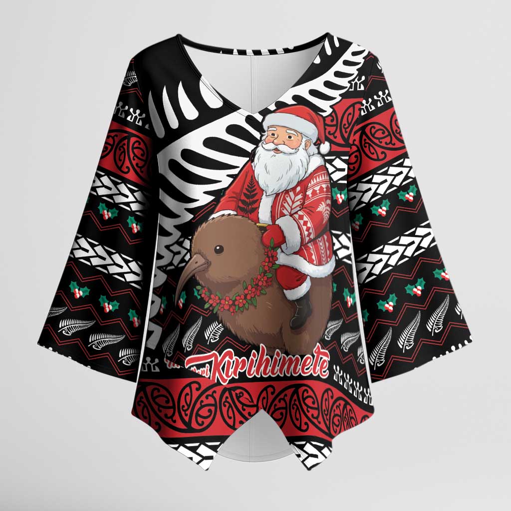 New Zealand Kiwi Santa Christmas Kimono Sleeve Blouse He Wairua Kirihimete - Polynesian Pride