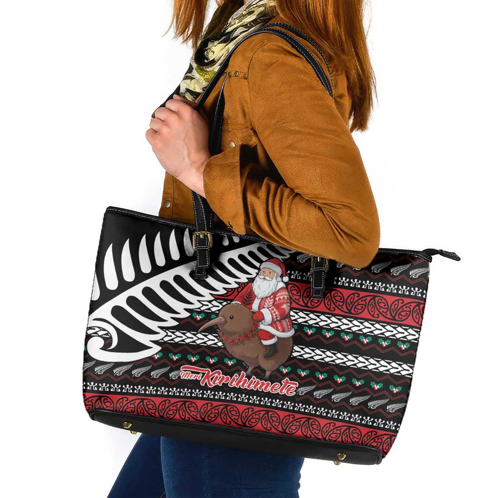 New Zealand Kiwi Santa Christmas Leather Tote Bag He Wairua Kirihimete LT9 Black - Polynesian Pride