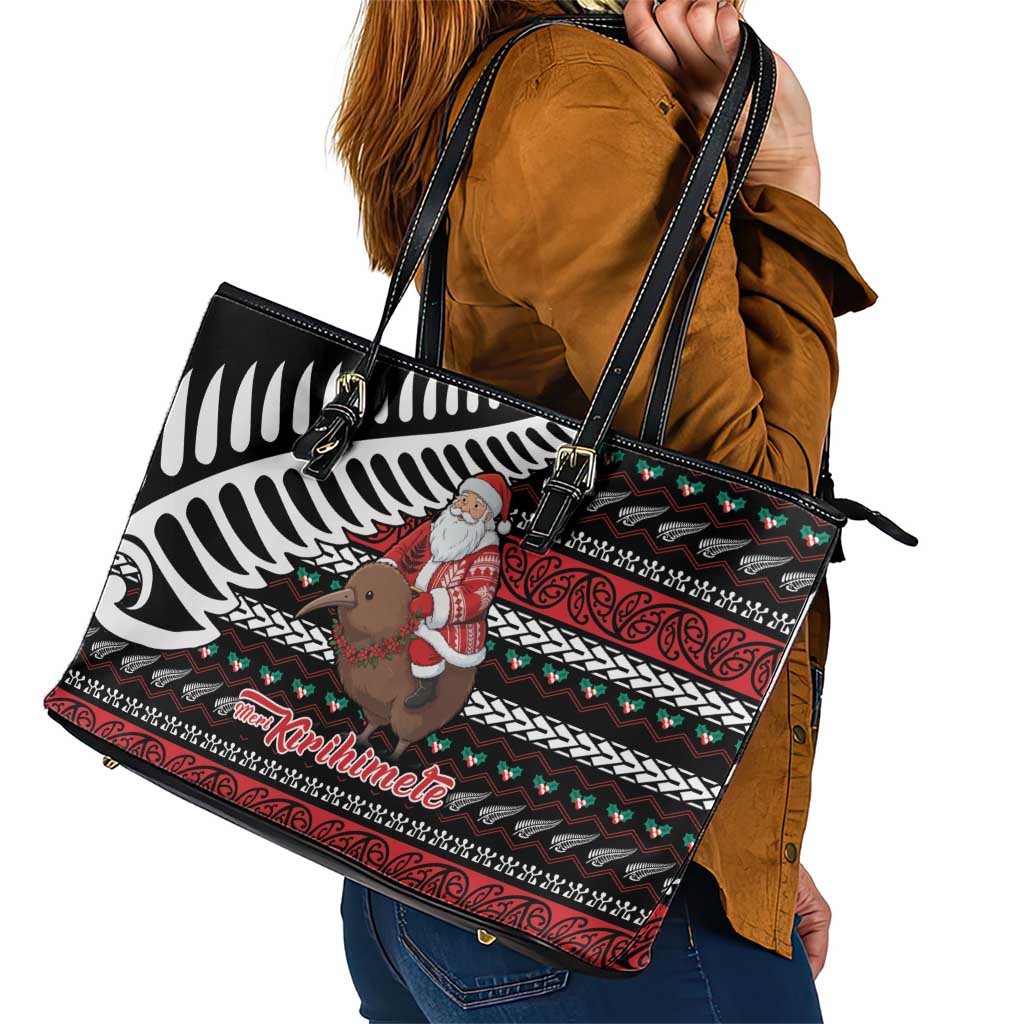 New Zealand Kiwi Santa Christmas Leather Tote Bag He Wairua Kirihimete LT9 - Polynesian Pride
