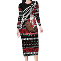 New Zealand Kiwi Santa Christmas Long Sleeve Bodycon Dress He Wairua Kirihimete LT9 Long Dress Black - Polynesian Pride