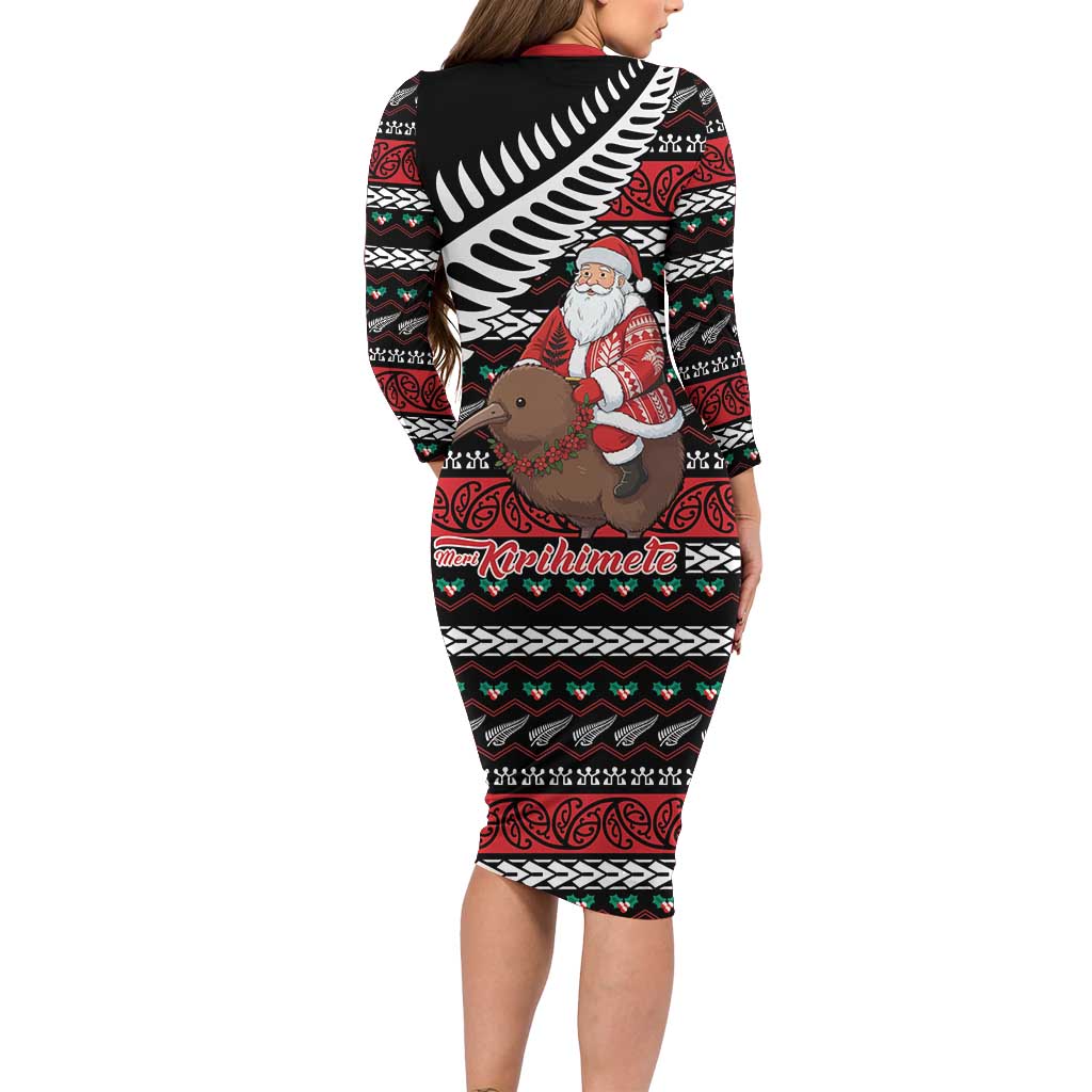 New Zealand Kiwi Santa Christmas Long Sleeve Bodycon Dress He Wairua Kirihimete LT9 - Polynesian Pride