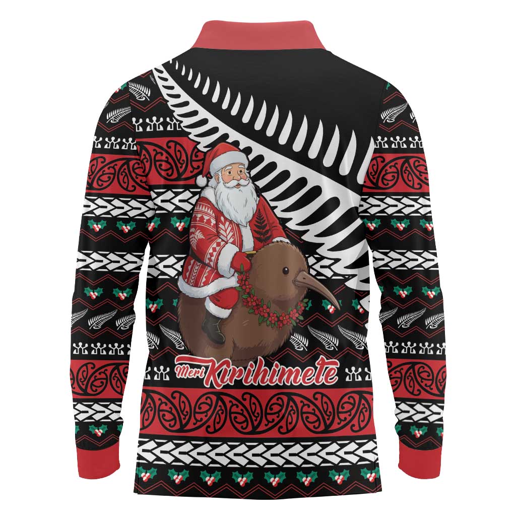 New Zealand Kiwi Santa Christmas Long Sleeve Polo Shirt He Wairua Kirihimete - Polynesian Pride