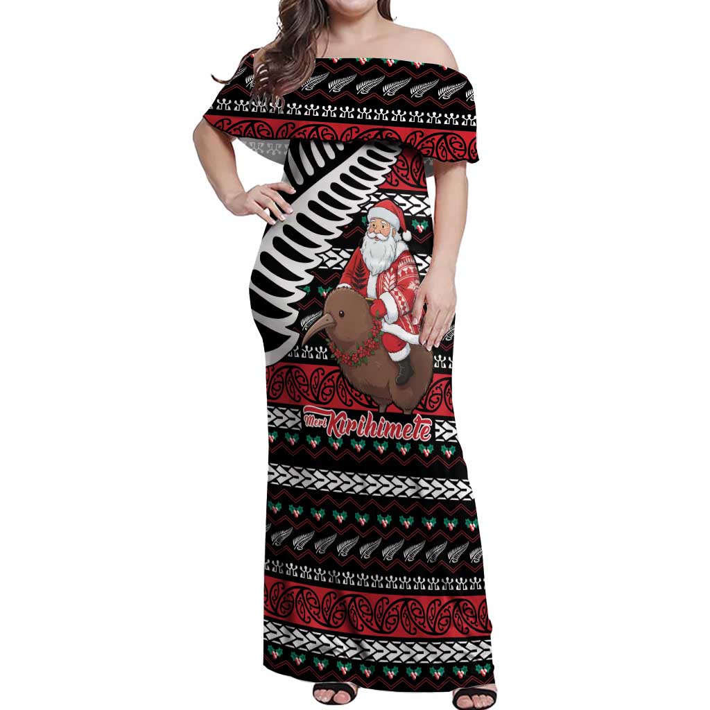 New Zealand Kiwi Santa Christmas Off Shoulder Maxi Dress He Wairua Kirihimete LT9 Women Black - Polynesian Pride