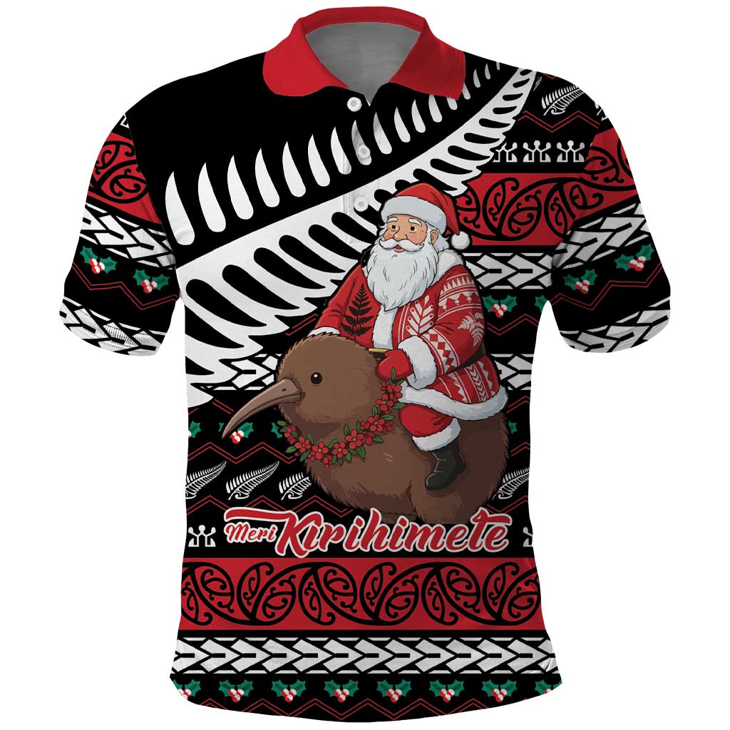 New Zealand Kiwi Santa Christmas Polo Shirt He Wairua Kirihimete LT9 Black - Polynesian Pride