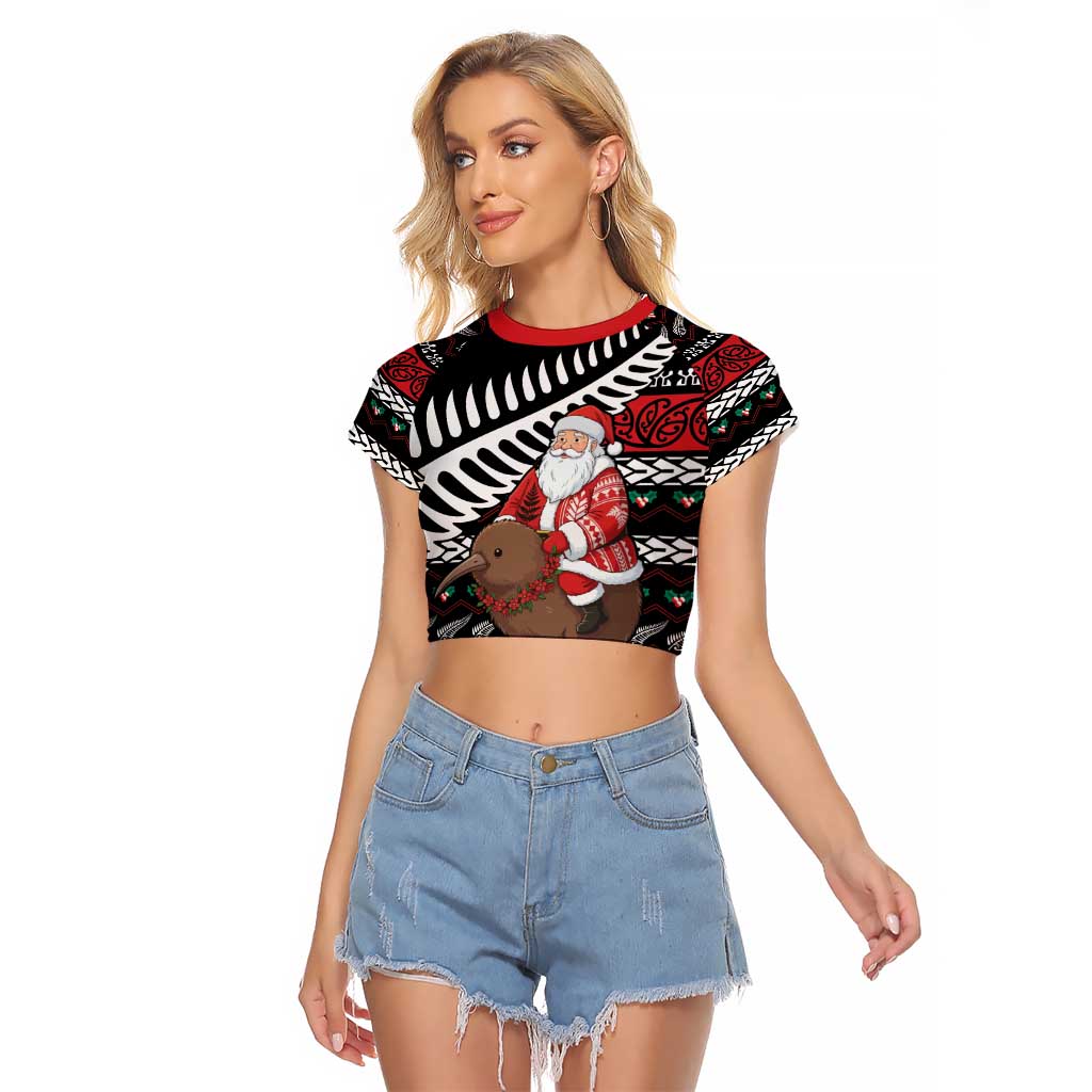 New Zealand Kiwi Santa Christmas Raglan Cropped T Shirt He Wairua Kirihimete LT9 Female Black - Polynesian Pride