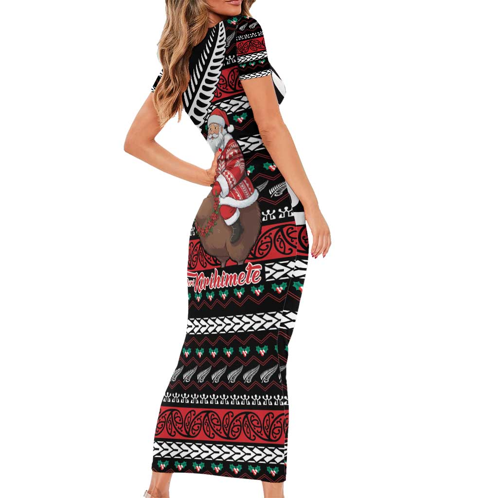 New Zealand Kiwi Santa Christmas Short Sleeve Bodycon Dress He Wairua Kirihimete LT9 - Polynesian Pride