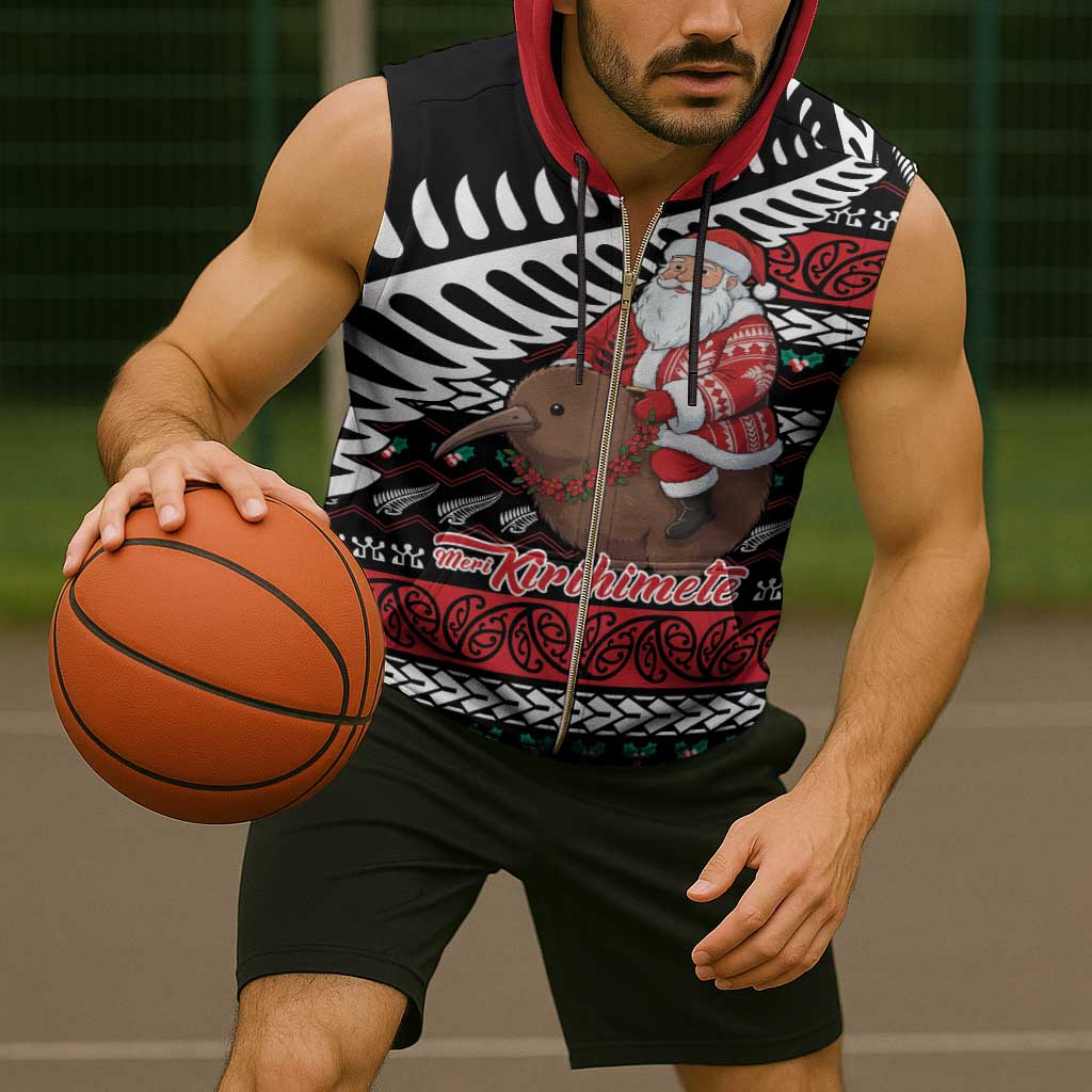New Zealand Kiwi Santa Christmas Sleeveless Zip Hoodie He Wairua Kirihimete - Polynesian Pride