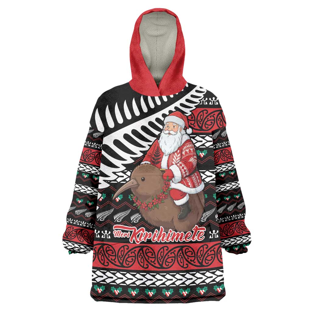 New Zealand Kiwi Santa Christmas Wearable Blanket Hoodie He Wairua Kirihimete LT9 One Size Black - Polynesian Pride