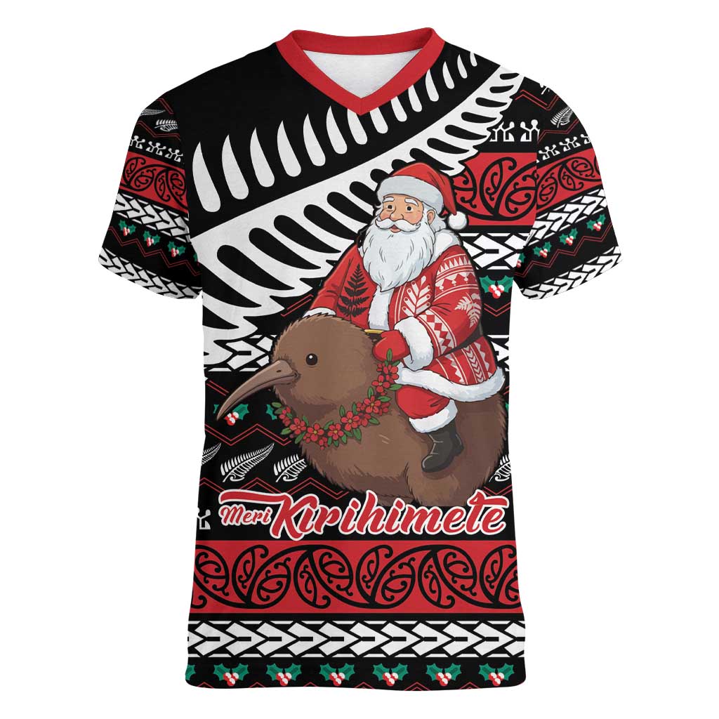 New Zealand Kiwi Santa Christmas Women V-Neck T-Shirt He Wairua Kirihimete LT9 Female Black - Polynesian Pride