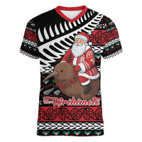 New Zealand Kiwi Santa Christmas Women V-Neck T-Shirt He Wairua Kirihimete LT9 Female Black - Polynesian Pride