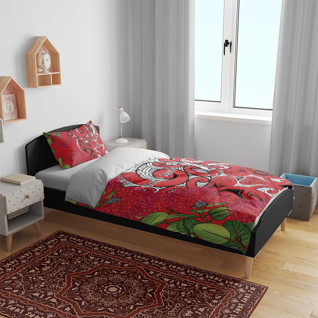 Personalised New Zealand Koru Pohutukawa Bedding Set Meri Kirihimete Aroha for Christmas - Polynesian Pride