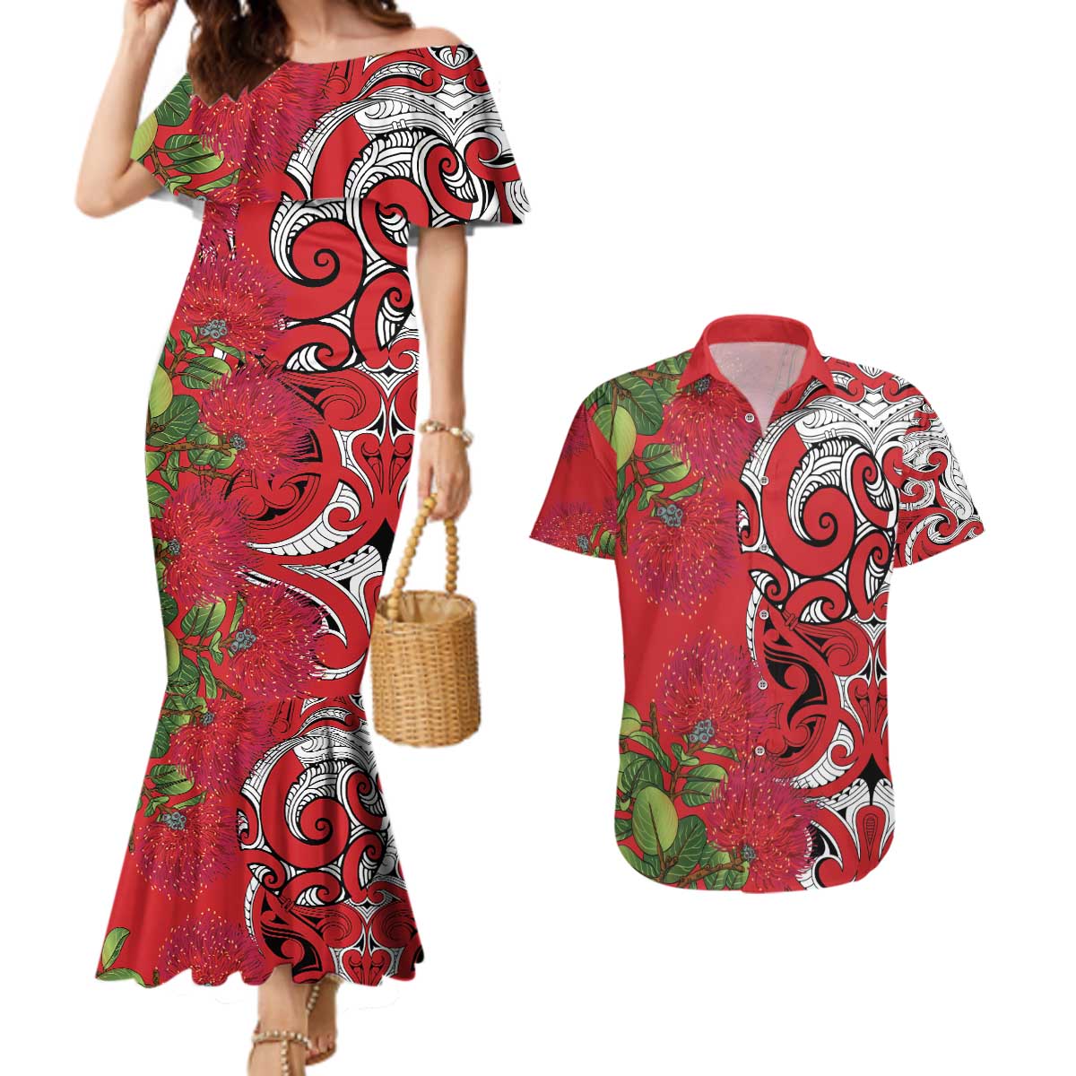 Personalised New Zealand Koru Pohutukawa Couples Matching Mermaid Dress and Hawaiian Shirt Meri Kirihimete Aroha for Christmas - Polynesian Pride