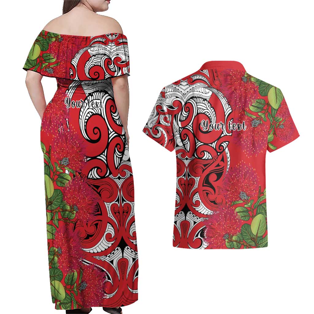 Personalised New Zealand Koru Pohutukawa Couples Matching Off Shoulder Maxi Dress and Hawaiian Shirt Meri Kirihimete Aroha for Christmas LT9 - Polynesian Pride