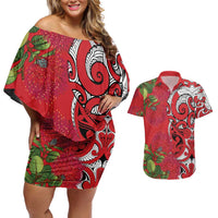 Personalised New Zealand Koru Pohutukawa Couples Matching Off Shoulder Short Dress and Hawaiian Shirt Meri Kirihimete Aroha for Christmas LT9 Red - Polynesian Pride