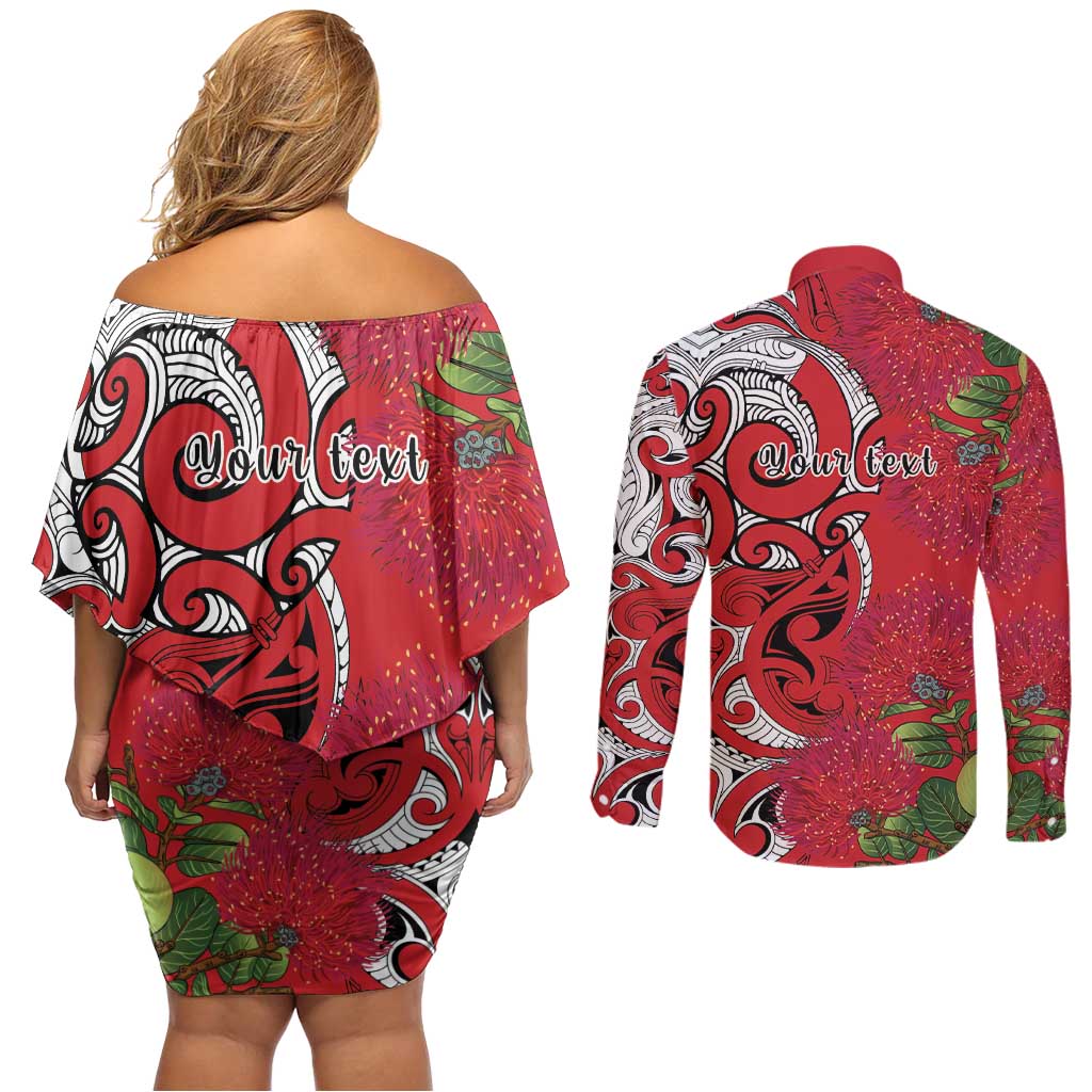 Personalised New Zealand Koru Pohutukawa Couples Matching Off Shoulder Short Dress and Long Sleeve Button Shirt Meri Kirihimete Aroha for Christmas - Polynesian Pride