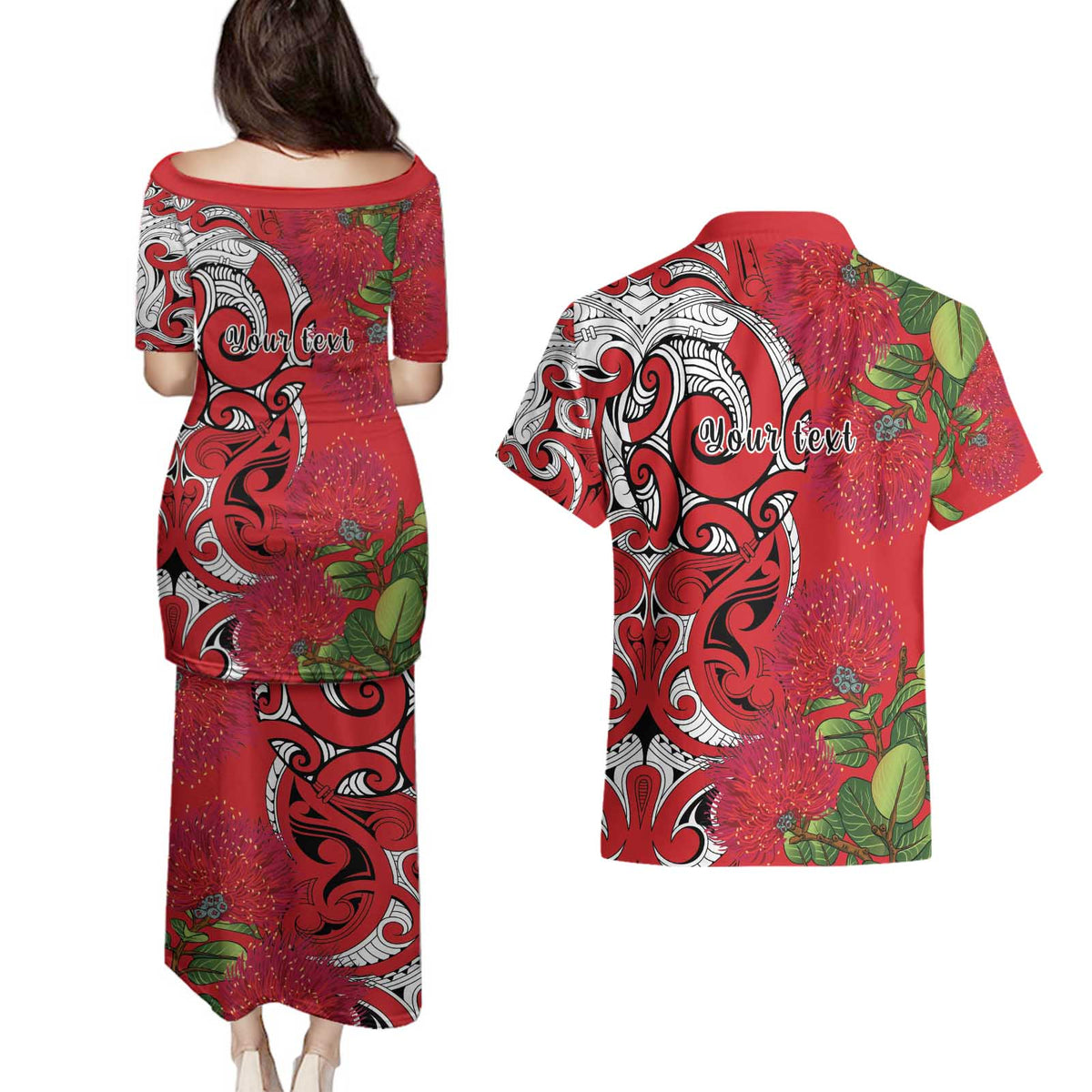 Personalised New Zealand Koru Pohutukawa Couples Matching Puletasi and Hawaiian Shirt Meri Kirihimete Aroha for Christmas - Polynesian Pride
