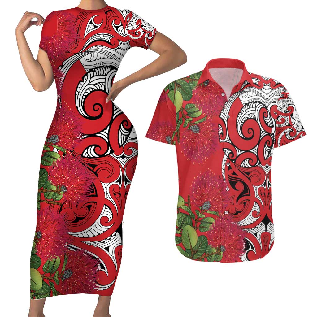 Personalised New Zealand Koru Pohutukawa Couples Matching Short Sleeve Bodycon Dress and Hawaiian Shirt Meri Kirihimete Aroha for Christmas - Polynesian Pride