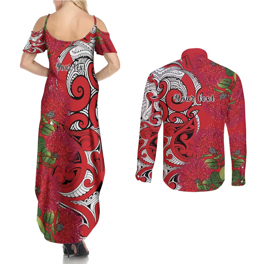 Personalised New Zealand Koru Pohutukawa Couples Matching Summer Maxi Dress and Long Sleeve Button Shirt Meri Kirihimete Aroha for Christmas - Polynesian Pride