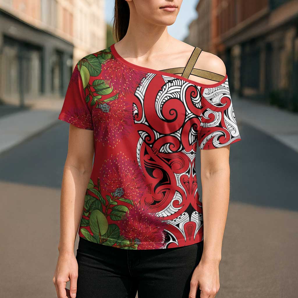 Personalised New Zealand Koru Pohutukawa Cross Shoulder Shirt Meri Kirihimete Aroha for Christmas - Polynesian Pride