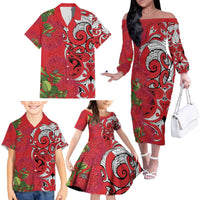 Personalised New Zealand Koru Pohutukawa Family Matching Off The Shoulder Long Sleeve Dress and Hawaiian Shirt Meri Kirihimete Aroha for Christmas - Polynesian Pride