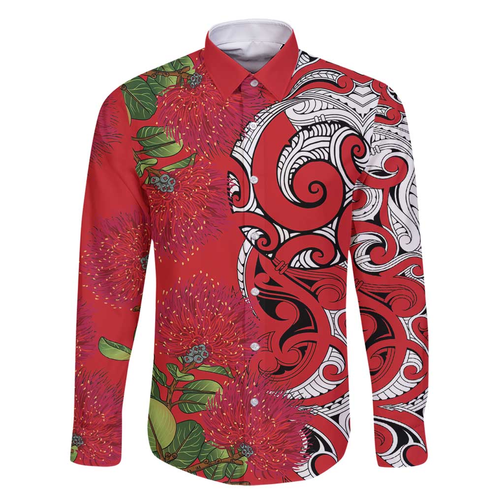 Personalised New Zealand Koru Pohutukawa Family Matching Off Shoulder Maxi Dress and Hawaiian Shirt Meri Kirihimete Aroha for Christmas LT9 Dad's Shirt - Long Sleeve Red - Polynesian Pride