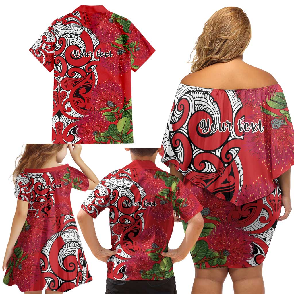 Personalised New Zealand Koru Pohutukawa Family Matching Off Shoulder Short Dress and Hawaiian Shirt Meri Kirihimete Aroha for Christmas LT9 - Polynesian Pride