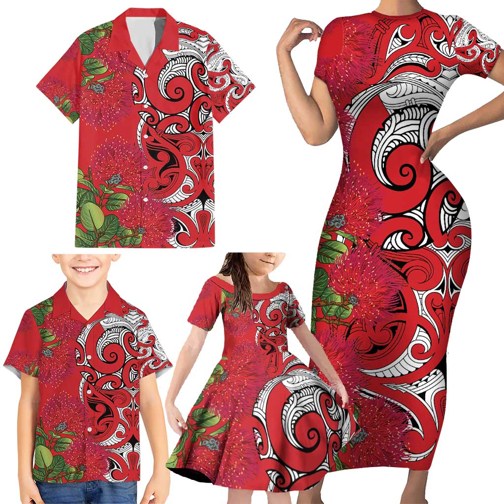 Personalised New Zealand Koru Pohutukawa Family Matching Short Sleeve Bodycon Dress and Hawaiian Shirt Meri Kirihimete Aroha for Christmas - Polynesian Pride