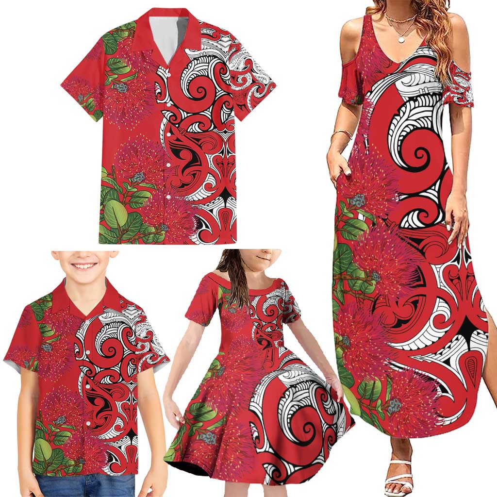 Personalised New Zealand Koru Pohutukawa Family Matching Summer Maxi Dress and Hawaiian Shirt Meri Kirihimete Aroha for Christmas - Polynesian Pride