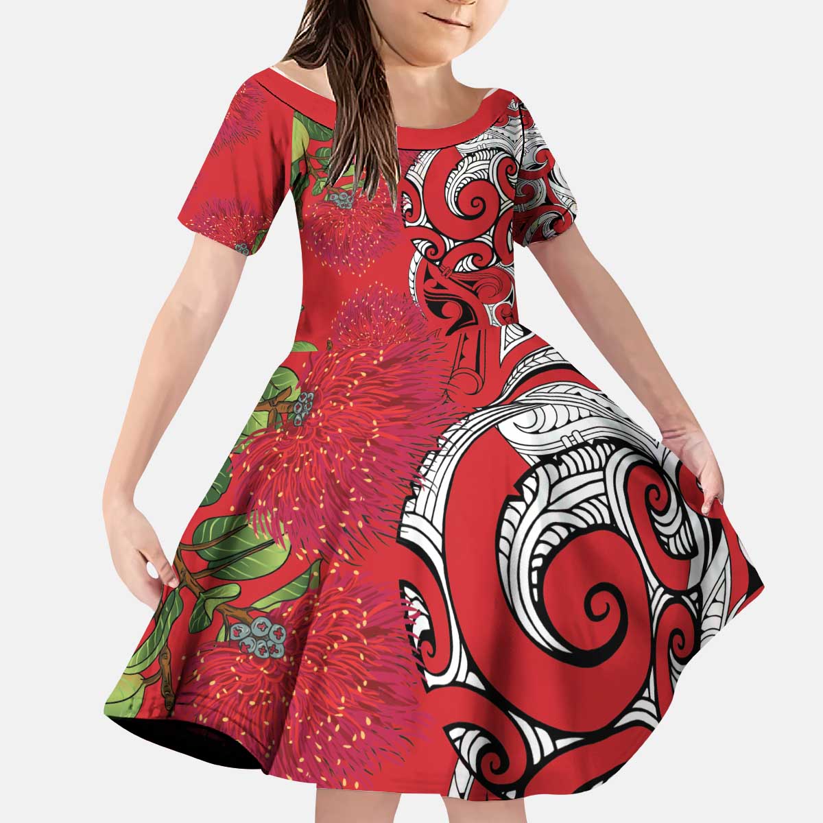 Personalised New Zealand Koru Pohutukawa Kid Short Sleeve Dress Meri Kirihimete Aroha for Christmas LT9 KID Red - Polynesian Pride