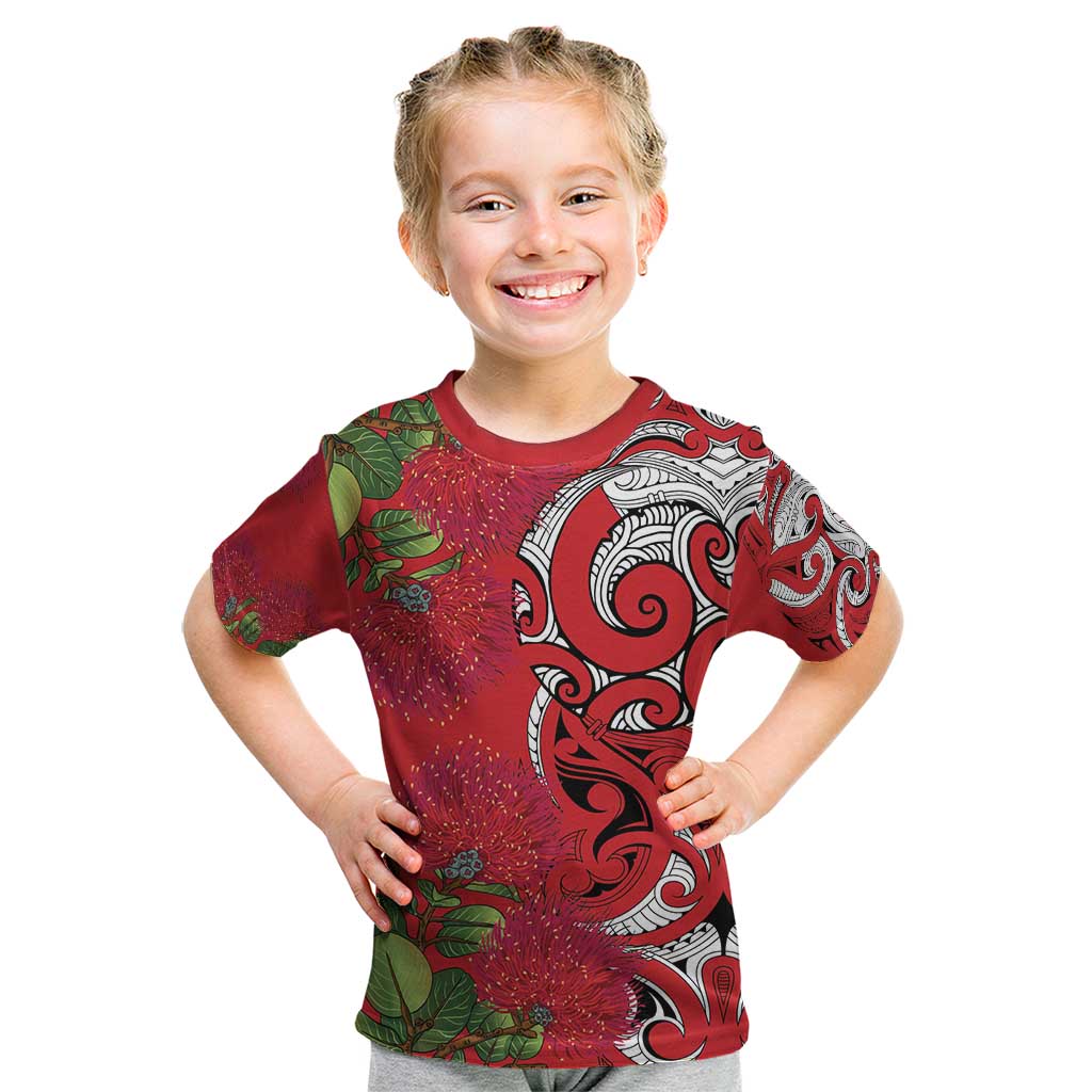 Personalised New Zealand Koru Pohutukawa Kid T Shirt Meri Kirihimete Aroha for Christmas LT9 Red - Polynesian Pride