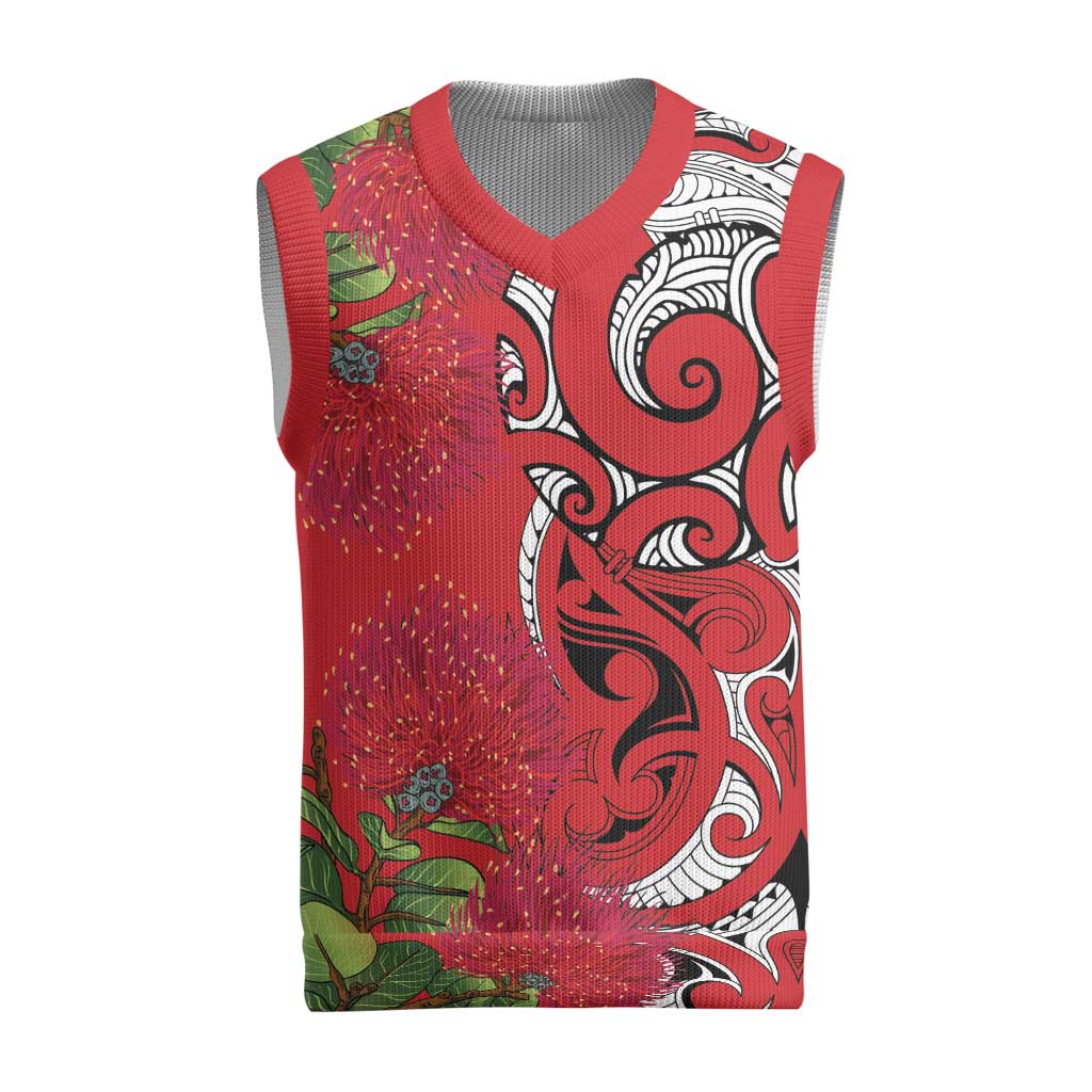 Personalised New Zealand Koru Pohutukawa Christmas Knitted V-Neck Vest Meri Kirihimete Aroha for Christmas - Polynesian Pride