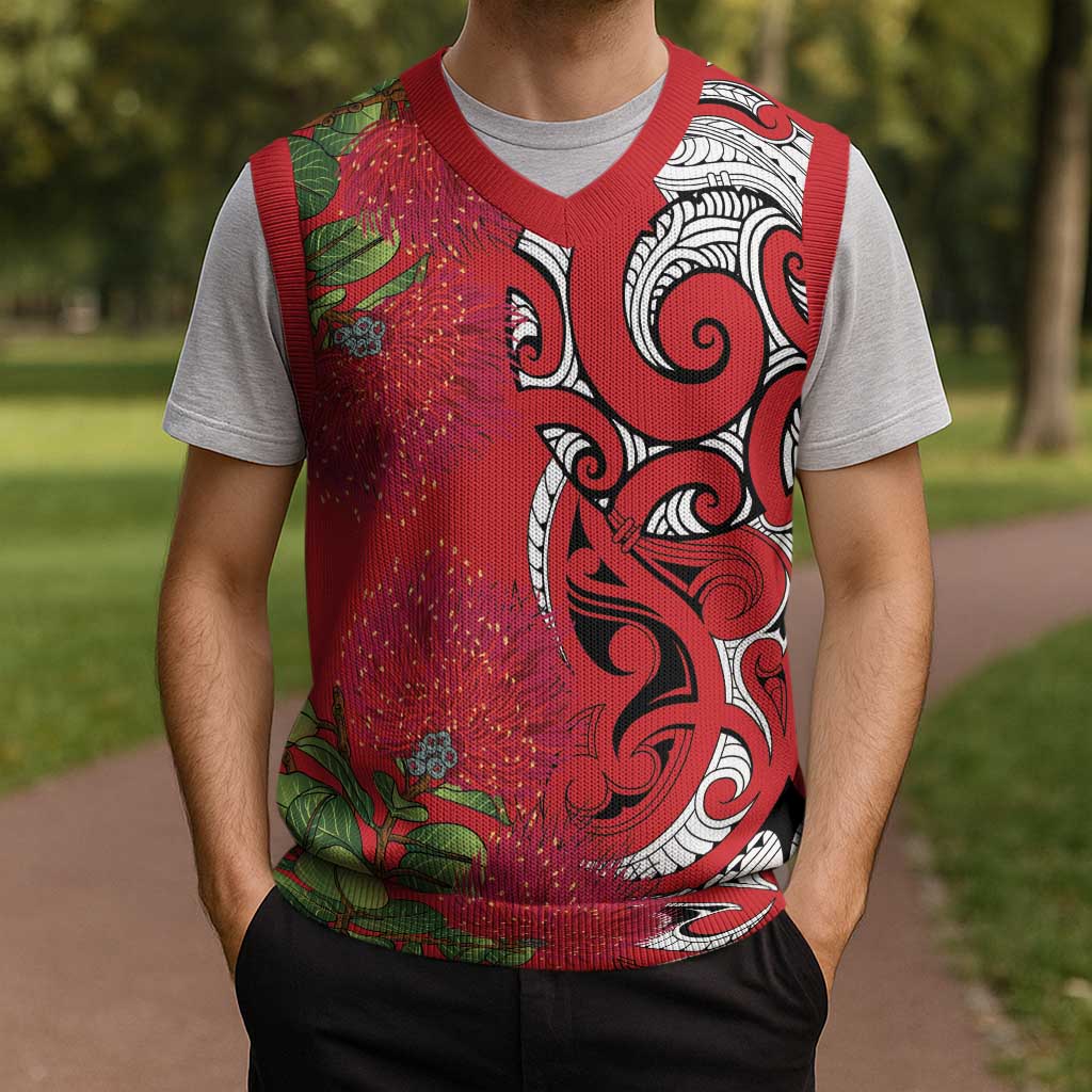 Personalised New Zealand Koru Pohutukawa Christmas Knitted V-Neck Vest Meri Kirihimete Aroha for Christmas - Polynesian Pride