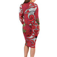 Personalised New Zealand Koru Pohutukawa Long Sleeve Bodycon Dress Meri Kirihimete Aroha for Christmas LT9 - Polynesian Pride