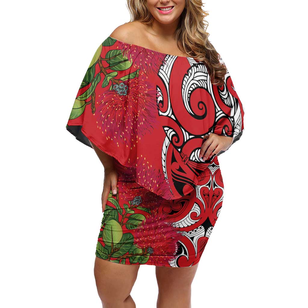 Personalised New Zealand Koru Pohutukawa Off Shoulder Short Dress Meri Kirihimete Aroha for Christmas LT9 Women Red - Polynesian Pride