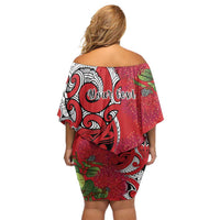 Personalised New Zealand Koru Pohutukawa Off Shoulder Short Dress Meri Kirihimete Aroha for Christmas LT9 - Polynesian Pride