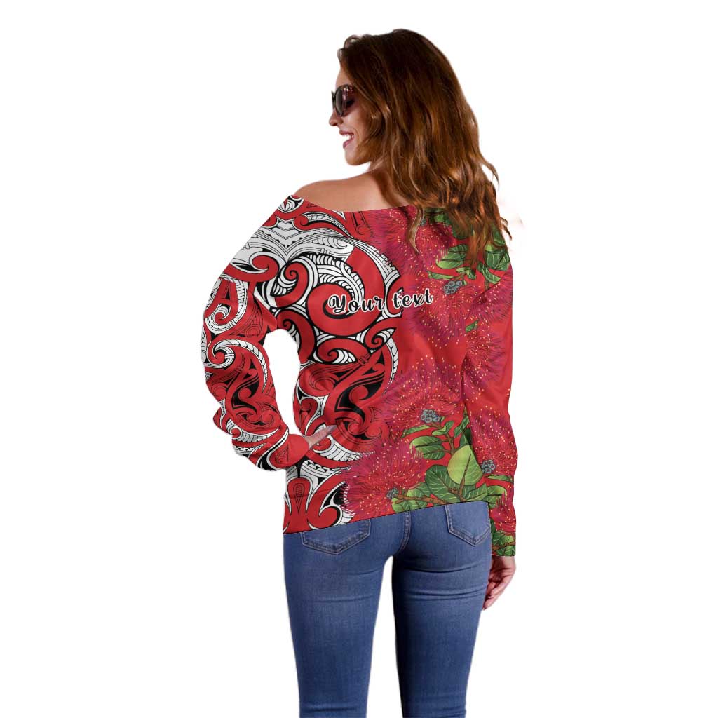 Personalised New Zealand Koru Pohutukawa Off Shoulder Sweater Meri Kirihimete Aroha for Christmas - Polynesian Pride