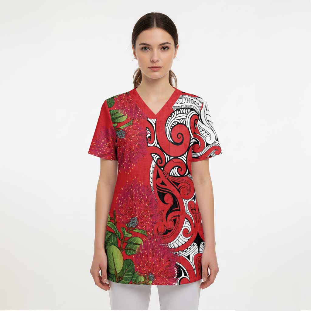 Personalised New Zealand Koru Pohutukawa Scrub Top Meri Kirihimete Aroha for Christmas - Polynesian Pride