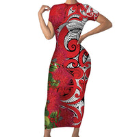 Personalised New Zealand Koru Pohutukawa Short Sleeve Bodycon Dress Meri Kirihimete Aroha for Christmas LT9 Long Dress Red - Polynesian Pride