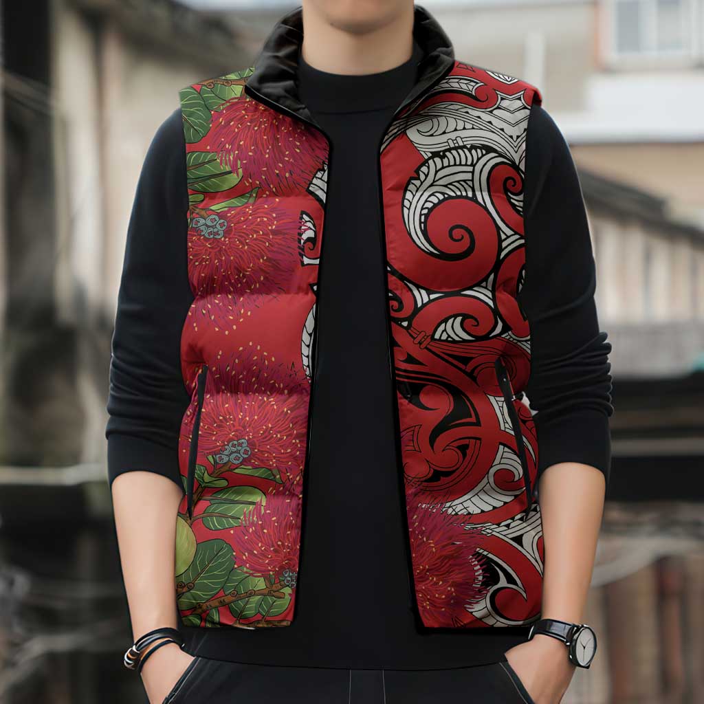 Personalised New Zealand Koru Pohutukawa Sleeveless Puffer Jacket Meri Kirihimete Aroha for Christmas - Polynesian Pride