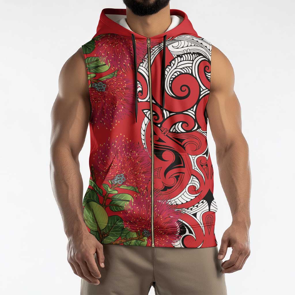Personalised New Zealand Koru Pohutukawa Sleeveless Zip Hoodie Meri Kirihimete Aroha for Christmas - Polynesian Pride