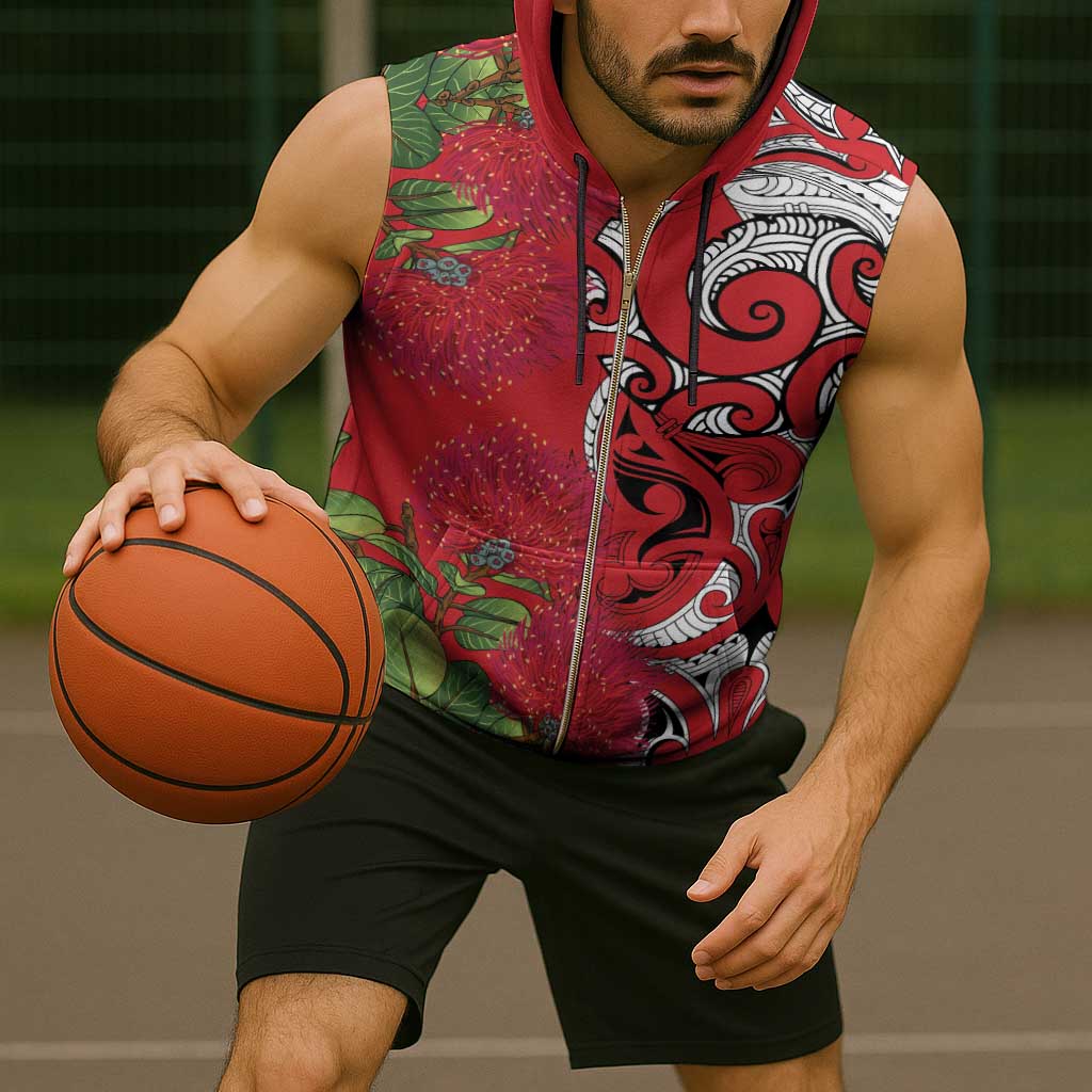 Personalised New Zealand Koru Pohutukawa Sleeveless Zip Hoodie Meri Kirihimete Aroha for Christmas - Polynesian Pride