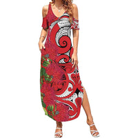 Personalised New Zealand Koru Pohutukawa Summer Maxi Dress Meri Kirihimete Aroha for Christmas LT9 Women Red - Polynesian Pride