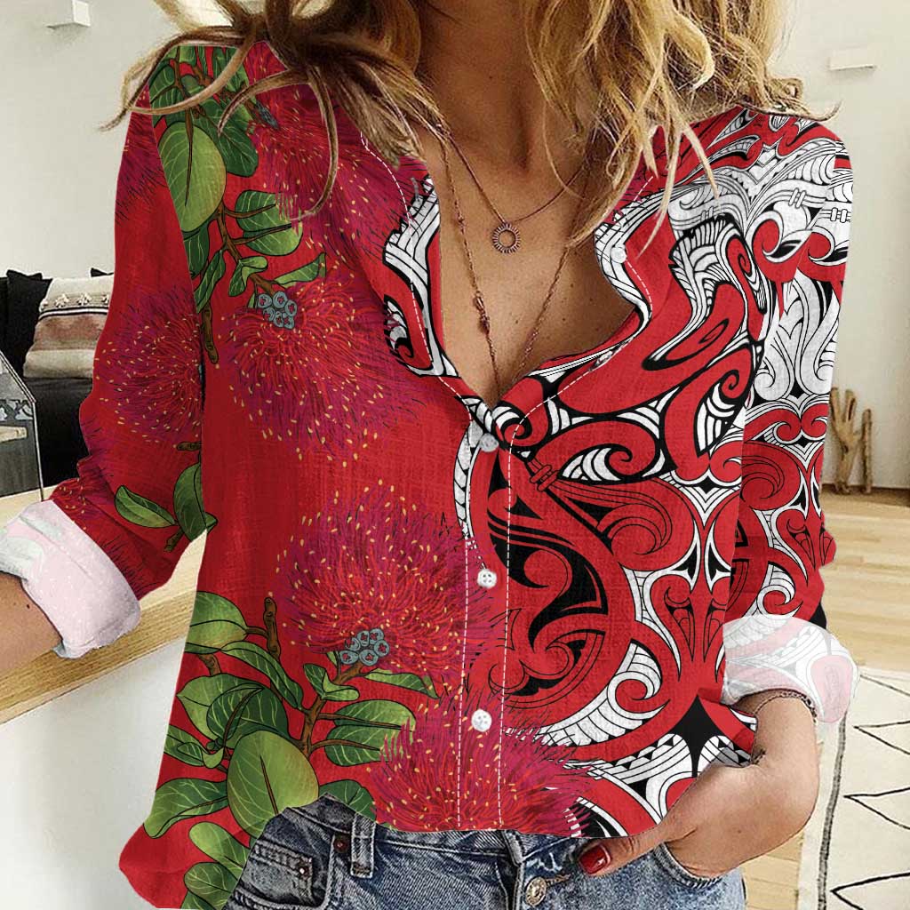 Personalised New Zealand Koru Pohutukawa Women Casual Shirt Meri Kirihimete Aroha for Christmas LT9 Female Red - Polynesian Pride