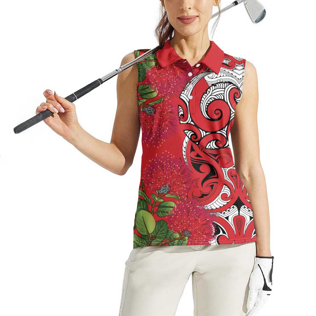 Personalised New Zealand Koru Pohutukawa Women Sleeveless Polo Shirt Meri Kirihimete Aroha for Christmas - Polynesian Pride